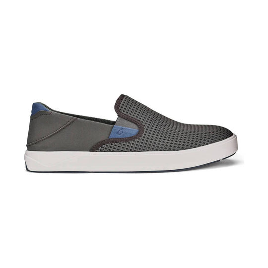 Gray slip-on sneaker with mesh upper, blue heel accent, and white platform sole