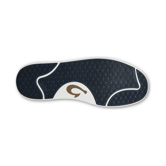 Dark rubber shoe outsole with wave tread pattern and a tan logo at center
