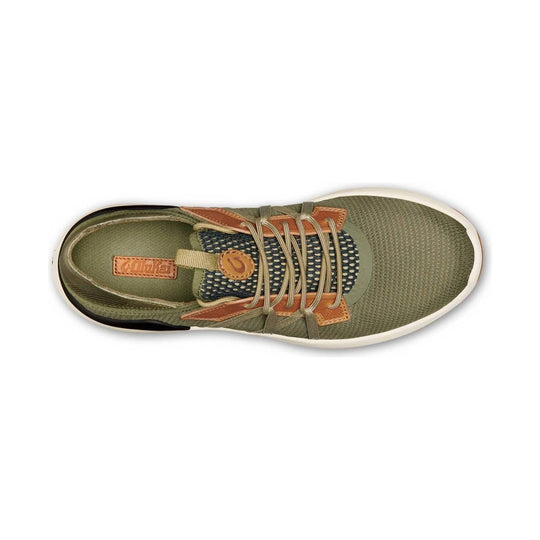 Olive slip-on sneaker with tan laces, woven side panel, and white sole, shown from above
