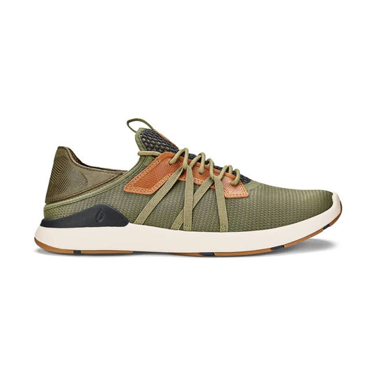 Olive knit sneaker with tan overlays, bungee laces, and a white sole