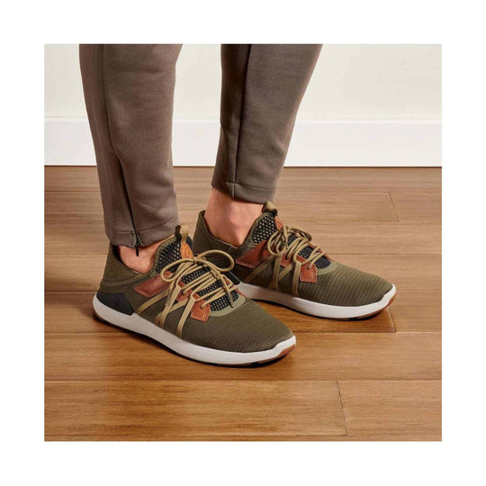 Olive and brown knit casual sneakers with tan laces and white soles