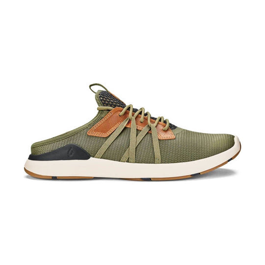 Olive knit slip-on shoe with tan leather accents, bungee laces, and a white sole