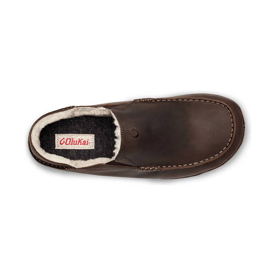 Brown leather slip-on clog with shearling lining and visible OluKai label