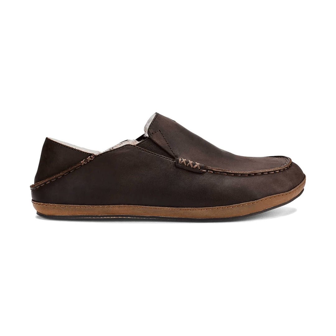Brown leather slip-on moccasin-style slipper with contrast stitching and a rubber sole