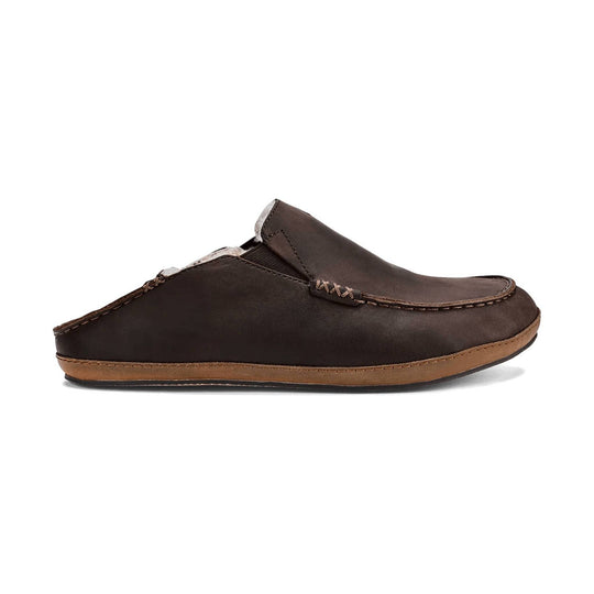 Brown closed-back moccasin slipper with stitched seams and a tan rubber sole