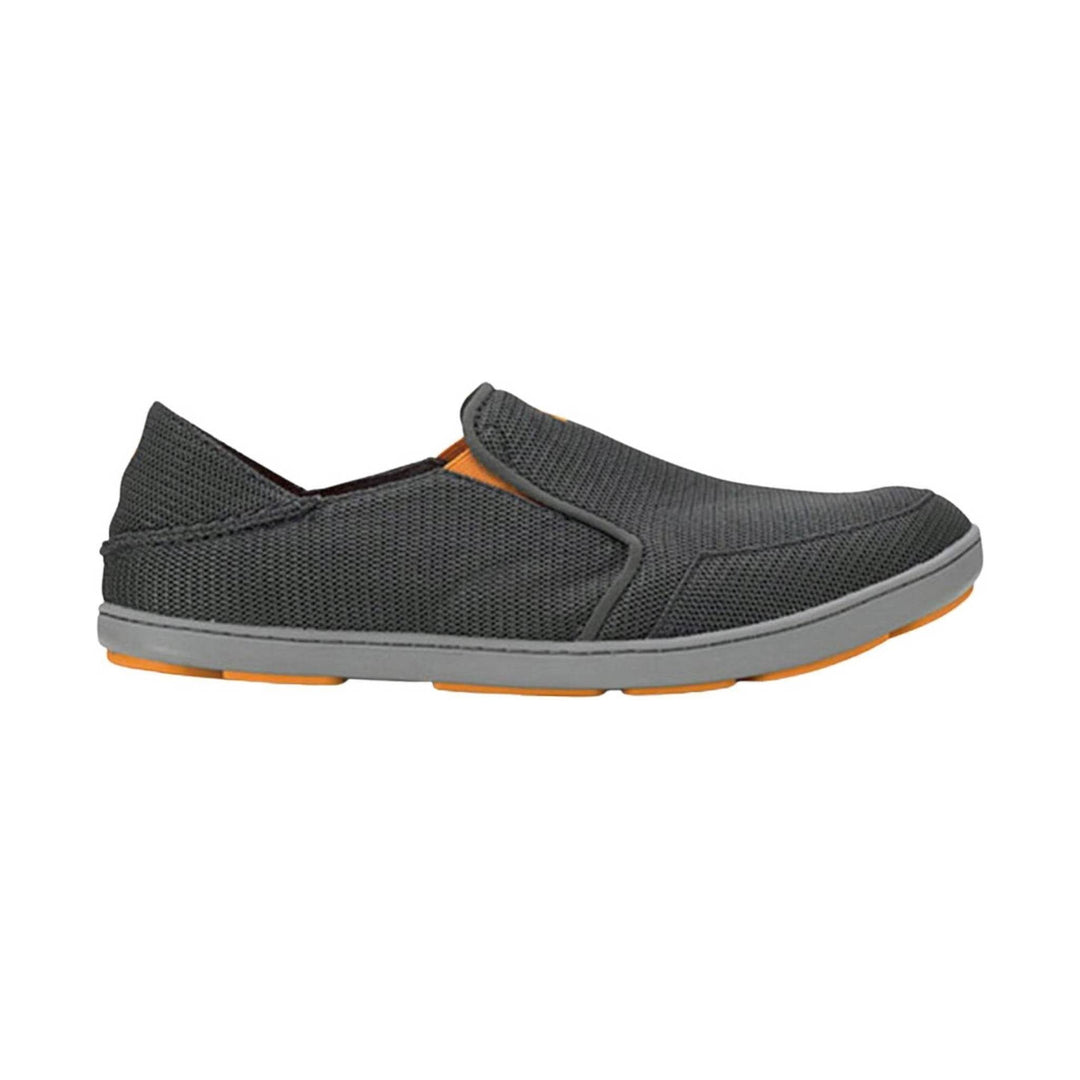 Gray knit slip-on shoe with gray sole and orange traction accents, side view