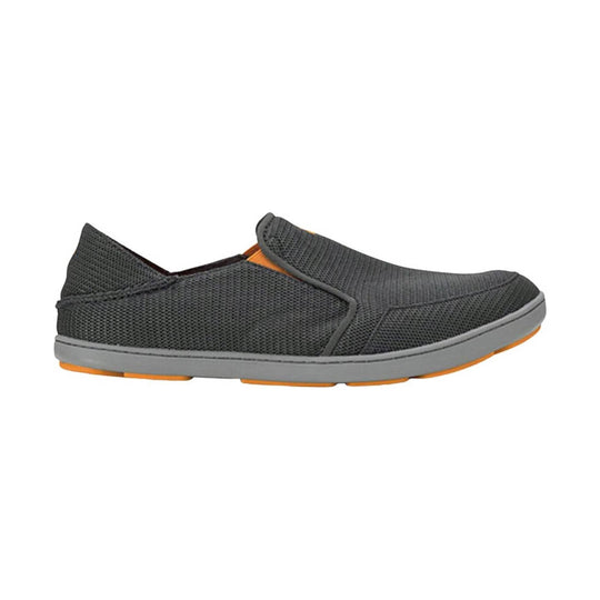 Gray knit slip-on shoe with gray sole and orange traction accents, side view