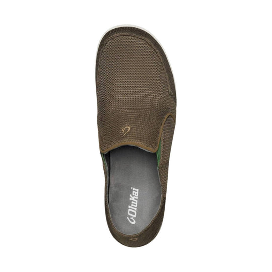 Brown woven slip-on loafer with gray insole and side stretch panels