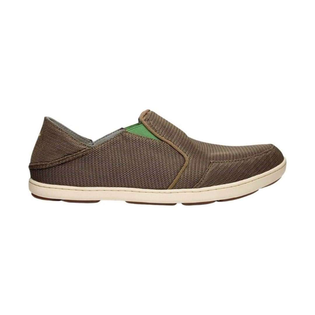 Brown knit slip-on shoe with cream sole and green heel accent