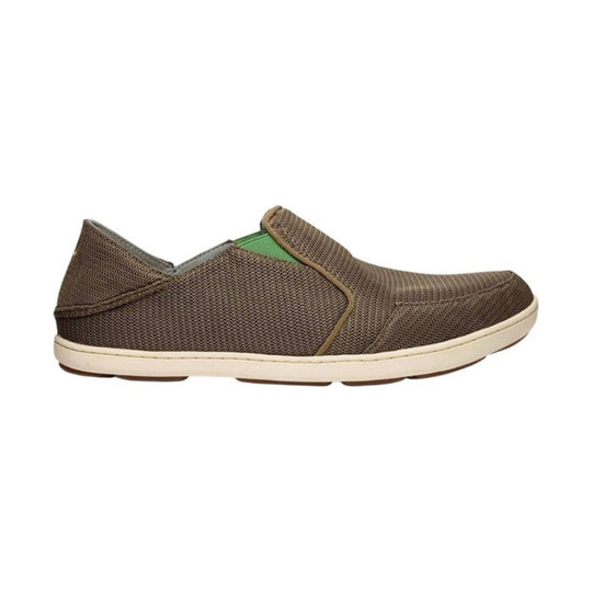 Brown knit slip-on shoe with cream sole and green heel accent