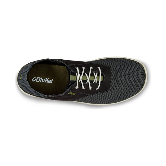 Black mesh lace-up shoe with white laces and an olive accent strip, shown from above