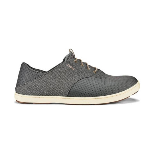 Gray lace-up slip-on shoe with perforated upper and cream sole
