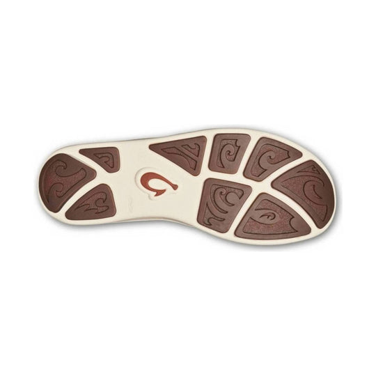 Cream and brown rubber shoe outsole with patterned tread and logo at center