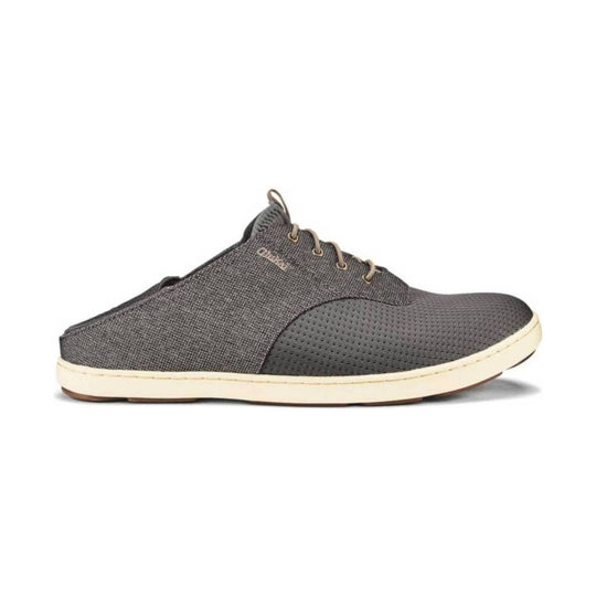 Charcoal lace-up slip-on shoe with woven upper, perforated toe panel, and cream sole