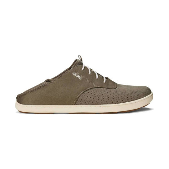 Brown slip-on shoe with white laces, perforated toe box, and cream sole