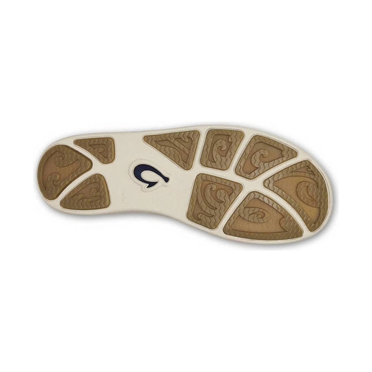Beige rubber outsole with brown tread pods and a dark logo at the center