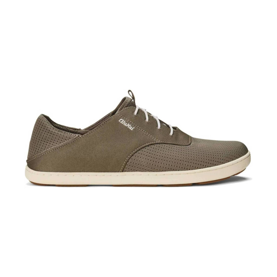 Brown casual lace-up shoe with perforated fabric panels, white sole, and visible OluKai logo