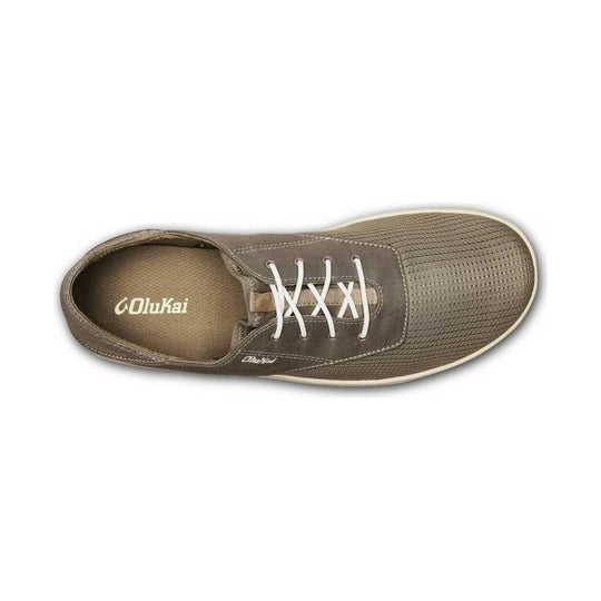 Taupe mesh lace-up casual shoe with white laces and OluKai branding