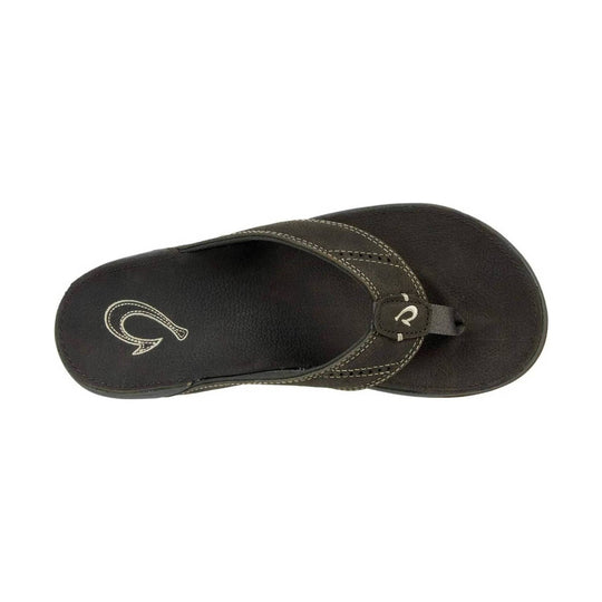 Dark brown thong sandal with stitched straps and a logo on the footbed