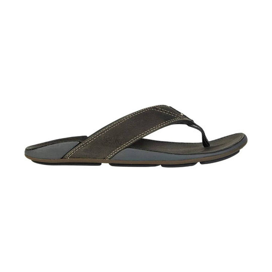 Brown and gray thong sandal with contrast stitching and a textured footbed