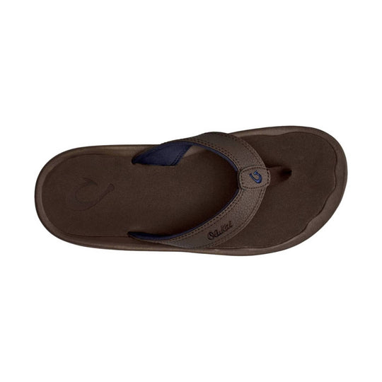 Brown flip-flop sandal with a wide woven strap and navy trim