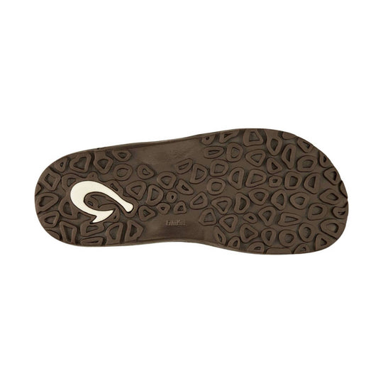 Brown rubber sandal outsole with geometric tread pattern and white logo