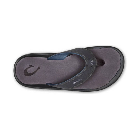 Dark gray thong sandal with black sole and blue lining, shown from above