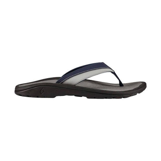Dark navy and gray thong flip-flop with a black treaded sole