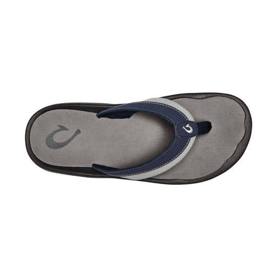 Gray thong flip-flop with dark blue strap and black sole, top view