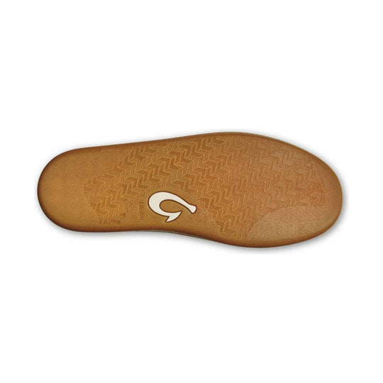 Brown shoe outsole with a patterned tread and a white logo near the center
