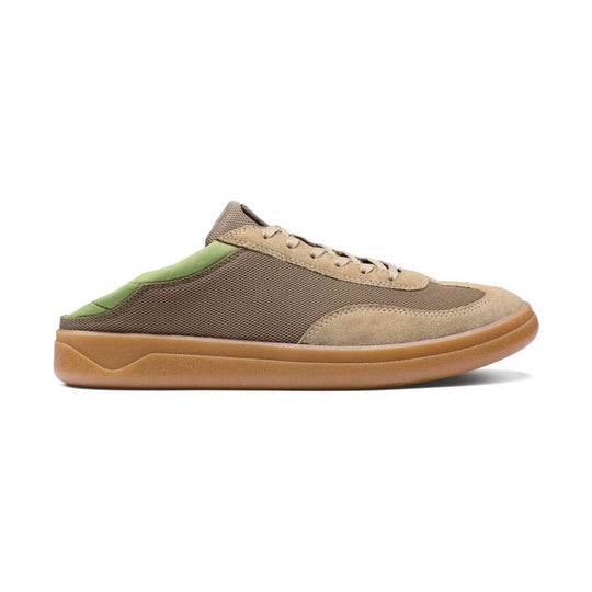 Tan and brown low-top sneaker with mesh side panels, suede overlays, and a gum sole