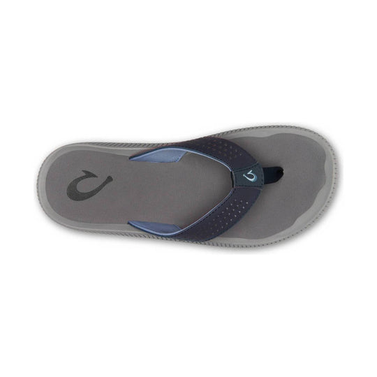 Gray flip flop with navy strap and light blue accents, shown from above
