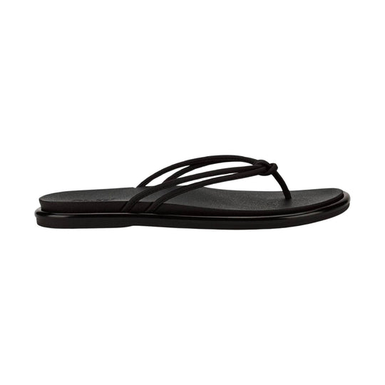 Black thong sandal with slim braided straps and a flat sole, shown in side view