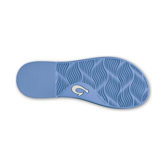 Blue sandal sole with wave-like tread pattern and a logo near the arch