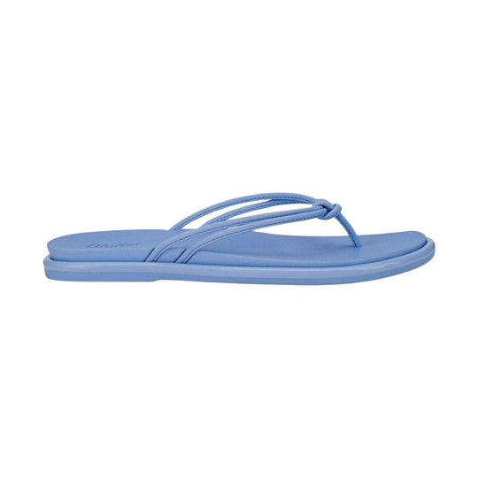 Light blue thong sandal with braided straps and a flat cushioned sole, shown in side view