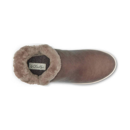 Brown suede ankle boot with plush faux-fur lining and OluKai label