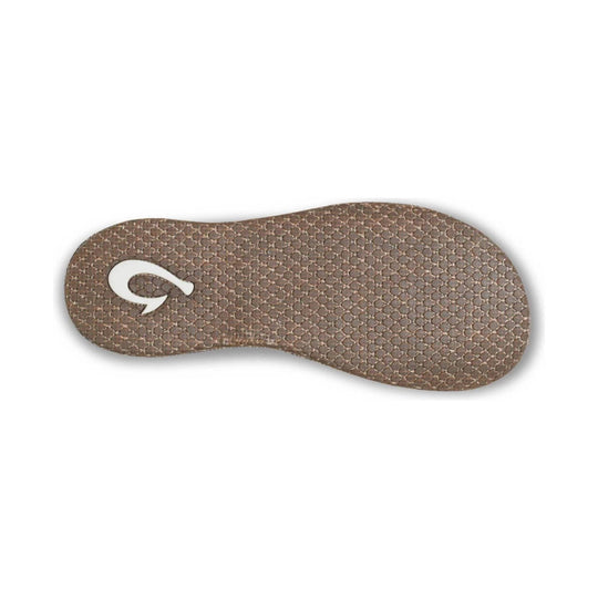 Brown textured sandal outsole with a white logo cutout
