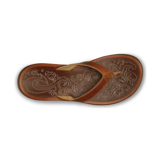 Brown thong sandal with decorative stitched footbed and tan straps