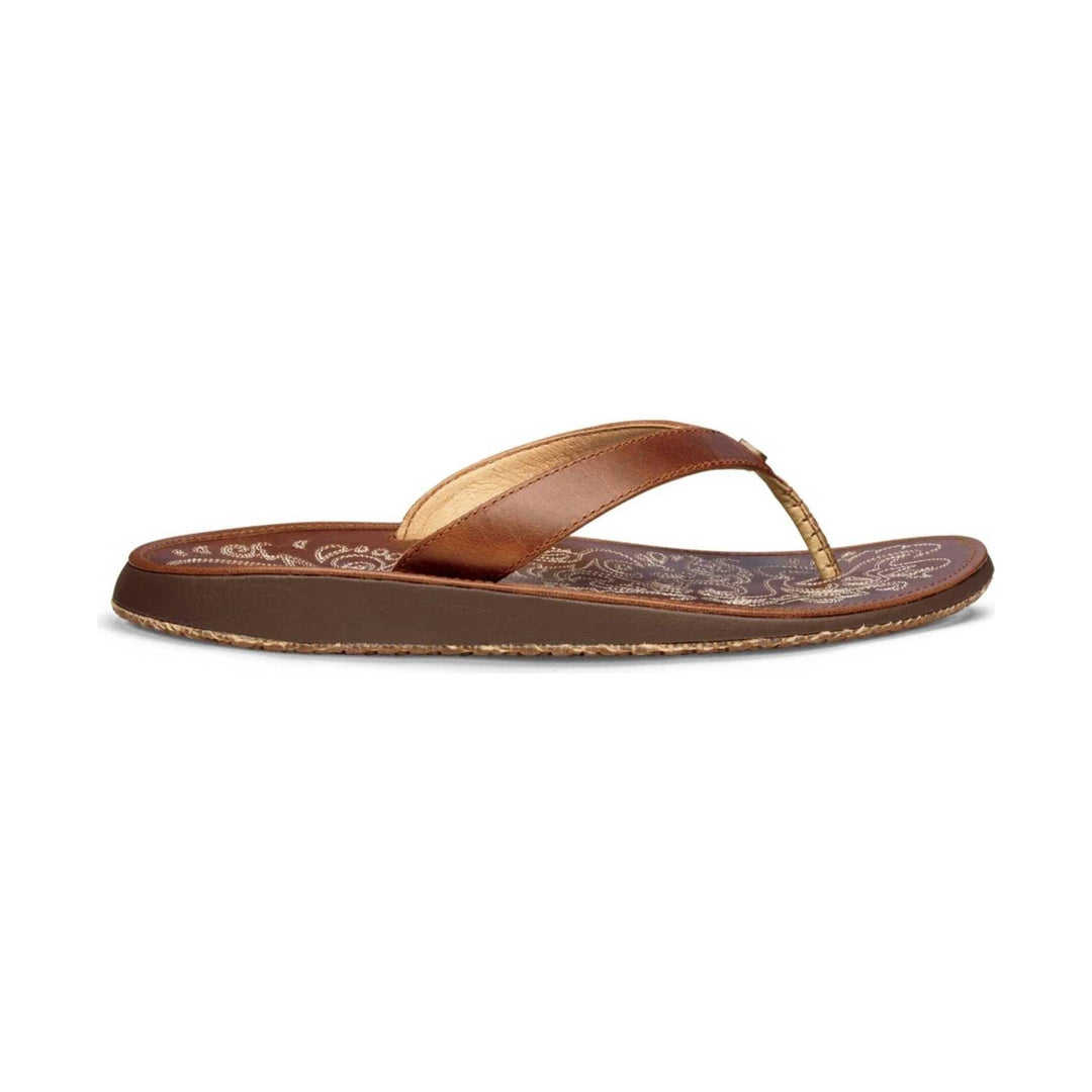 Brown thong flip-flop sandal with woven toe post and patterned footbed