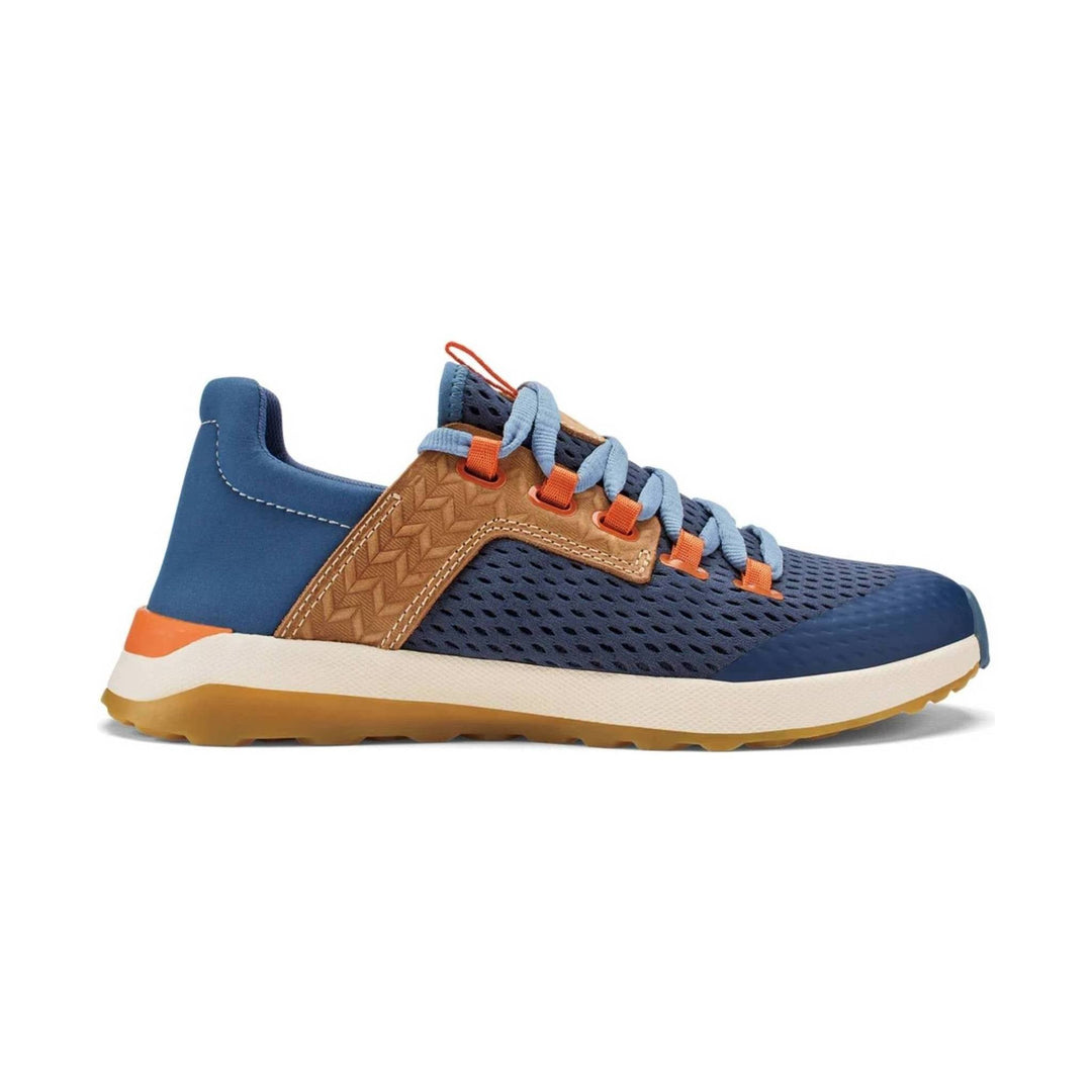 Blue low-top hiking shoe with orange lace loops, tan overlay, and gum sole