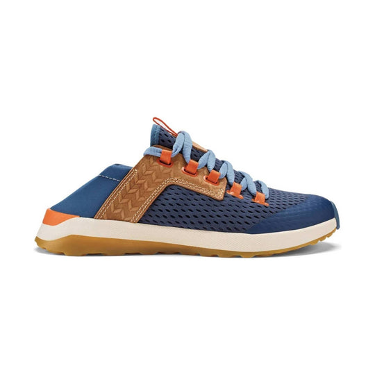 Blue low-top hiking shoe with orange accents, mesh upper, and tan sole