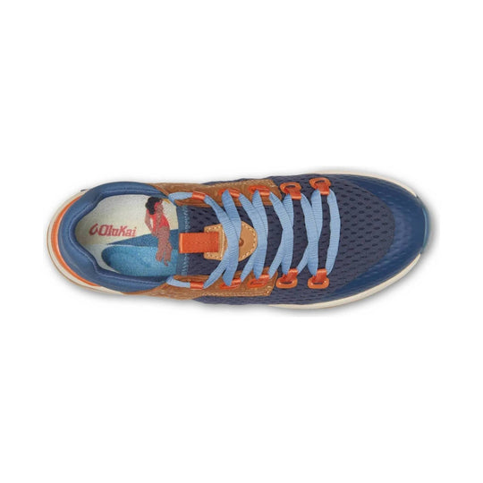Blue and orange athletic shoe with light blue laces, mesh upper, and visible Olukai branding
