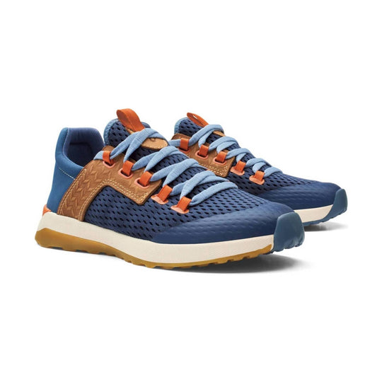 Blue and tan closed-toe hiking shoes with mesh uppers and bungee laces