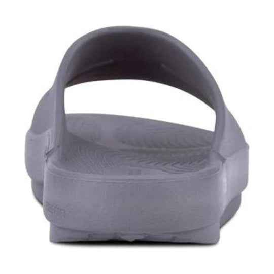 Gray foam slide sandal with a wide strap and thick contoured sole, front view