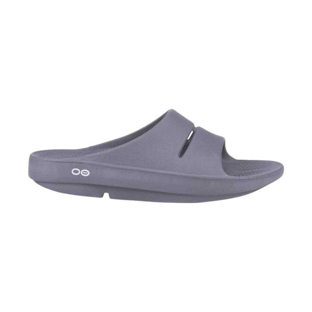 Gray slide sandal with a thick molded sole and open toe