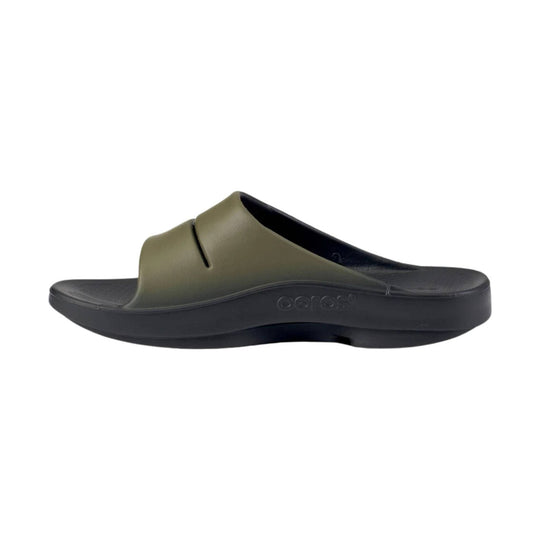Olive and black slide sandal with a thick contoured sole and embossed side logo