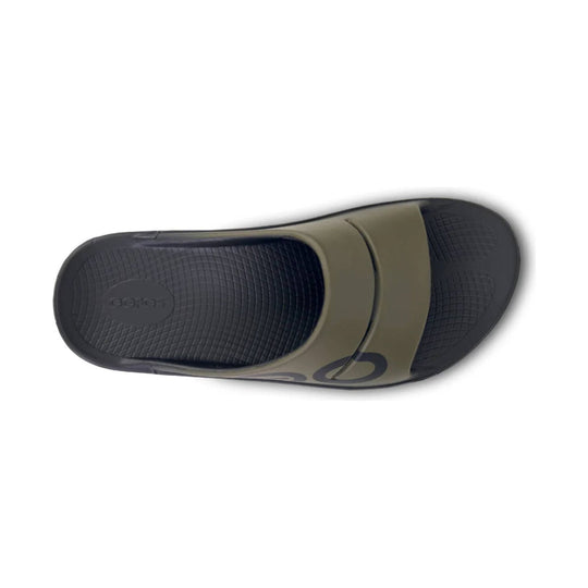 Olive and black sport slide sandal with a wide strap and textured footbed