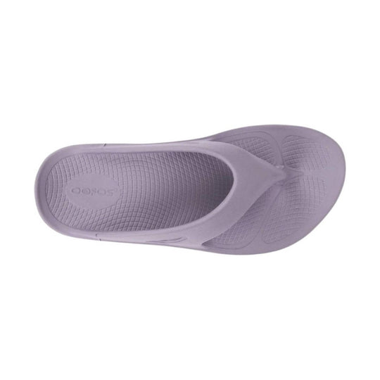 Lavender thong-style recovery sandal with textured footbed and embossed OOFOS logo