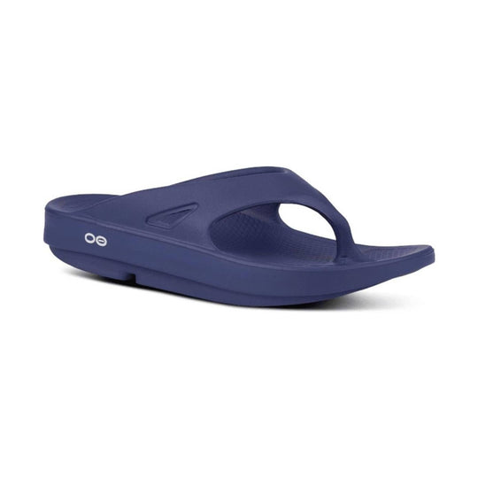 Navy blue cushioned slide sandal with a toe post and small side logo