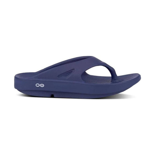 Navy slip-on recovery sandal with a thick cushioned sole and toe-post strap